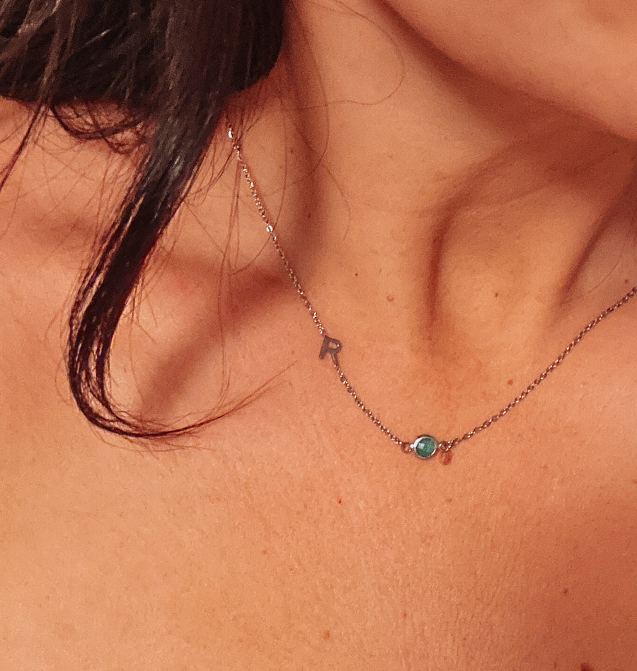 Custom Birthstone Initial Box Chain Necklace | Caitlyn Minimalist