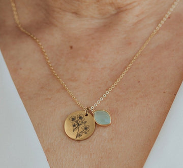 Customized Birth Flower and Birthstone Disc Necklace