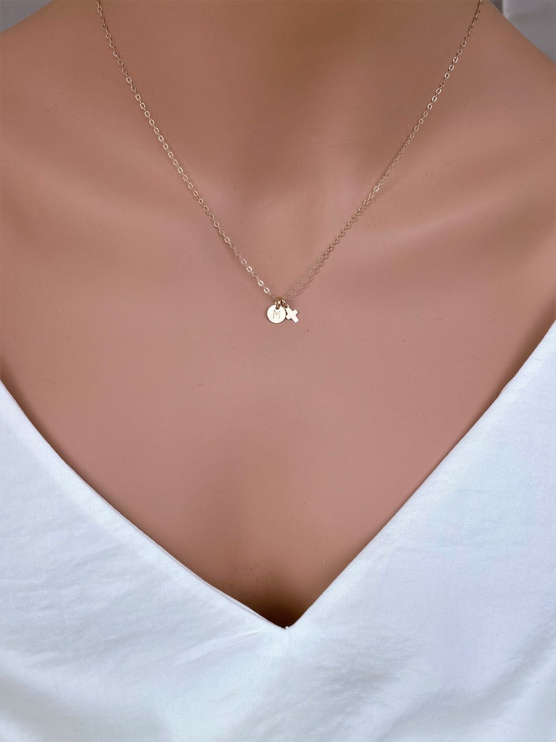 Dainty Cross With Tiny Initial Disc Necklace