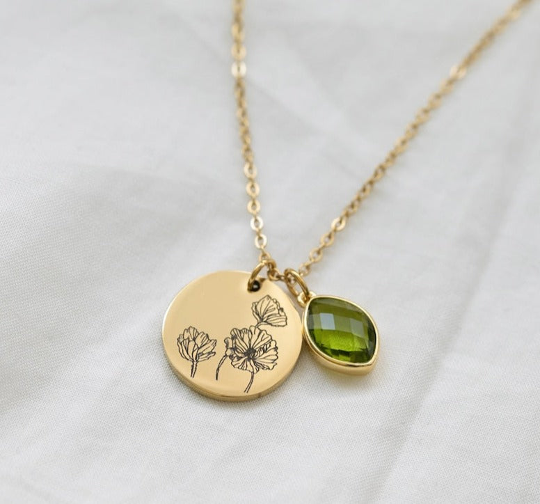 Customized Birth Flower and Birthstone Disc Necklace